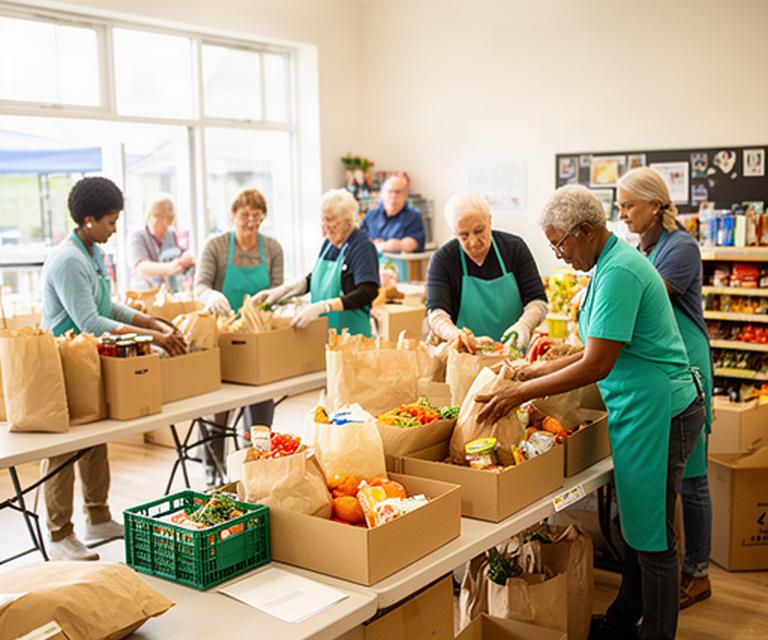 Volunteers sorting community food parcels inside a bright Port Laoise community centre