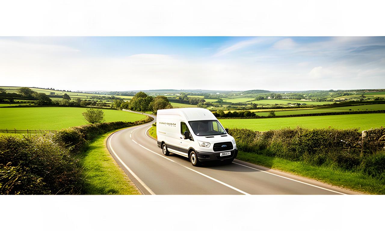 White delivery van travelling along a winding Laois country road beneath a bright Irish sky